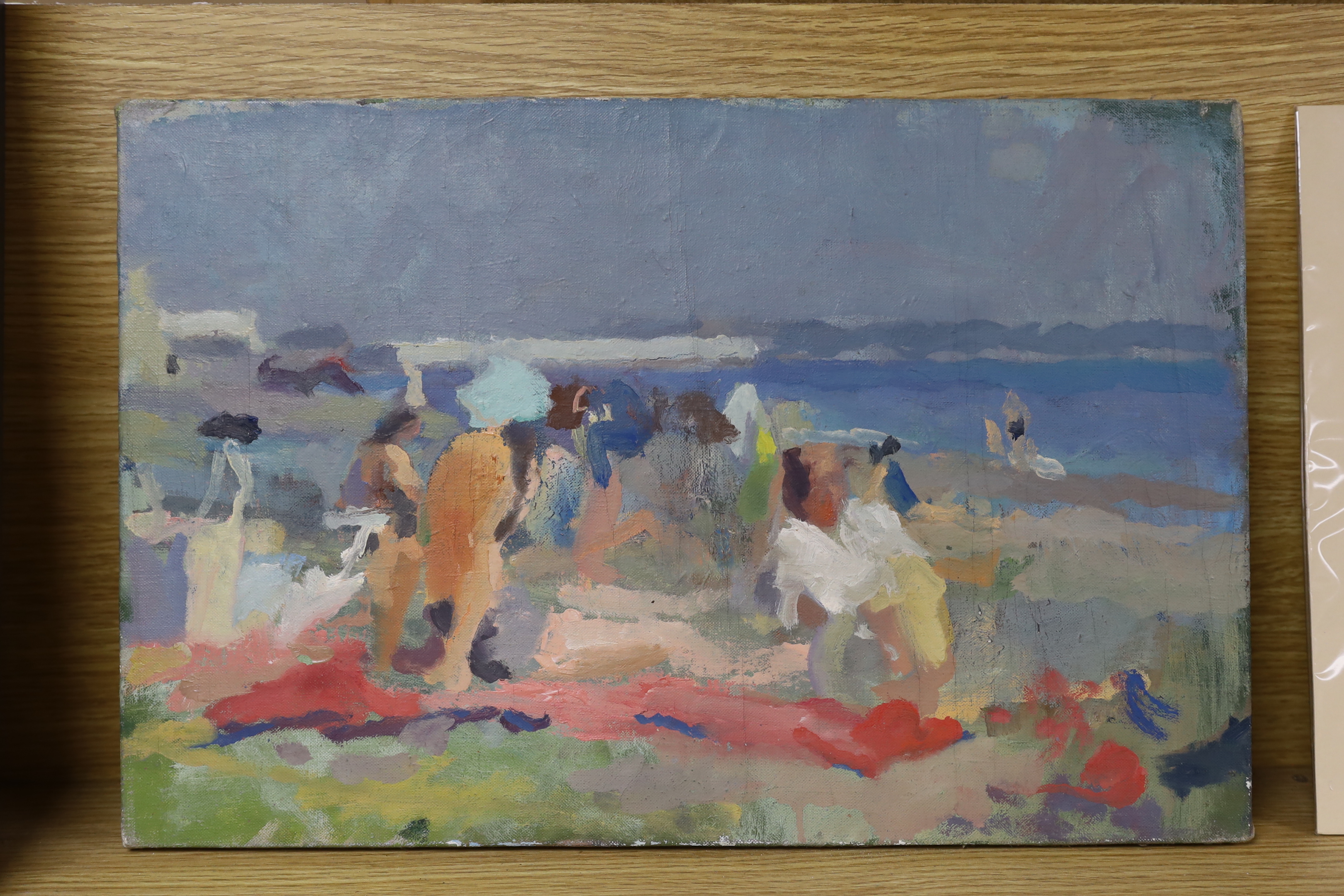 John Harvey (b.1935), oil on canvas, Figures on the beach, artist stamp verso, 30 x 46cm, unframed